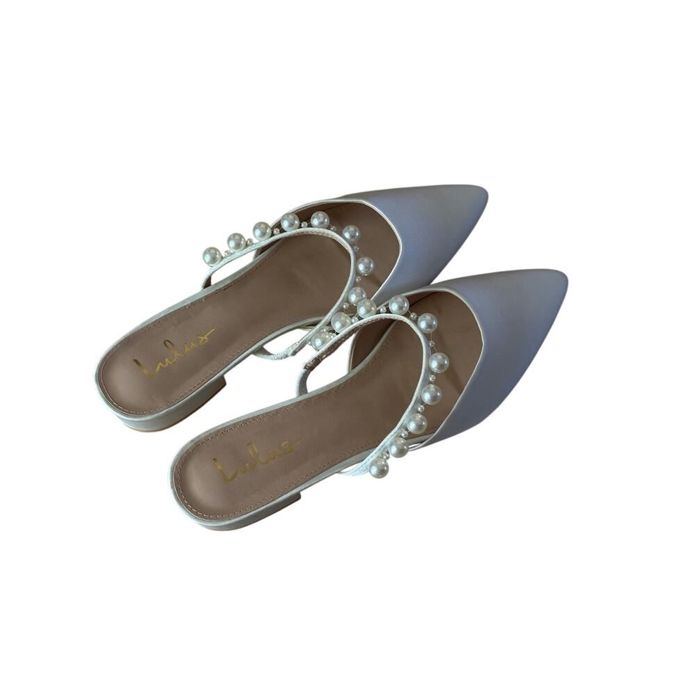 Lulus White Satin Pearl Pointed-Toe Mule Slides size 9 Bridal wedding bride - Picture 8 of 8